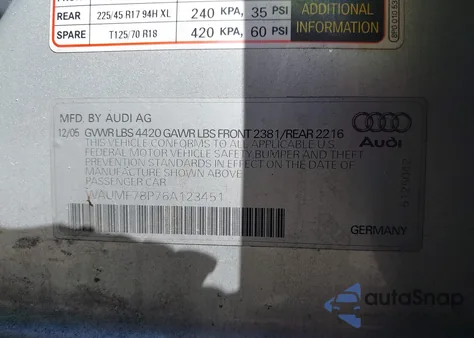 2006 Audi A3 2.0T from USA, damaged, VIN WAUMF78P76A123451